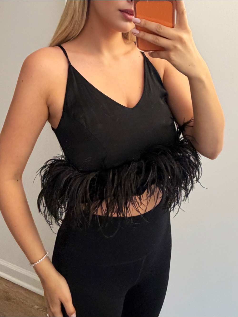 Black Feather Trim V-Neck Spaghetti Strap Crop Top